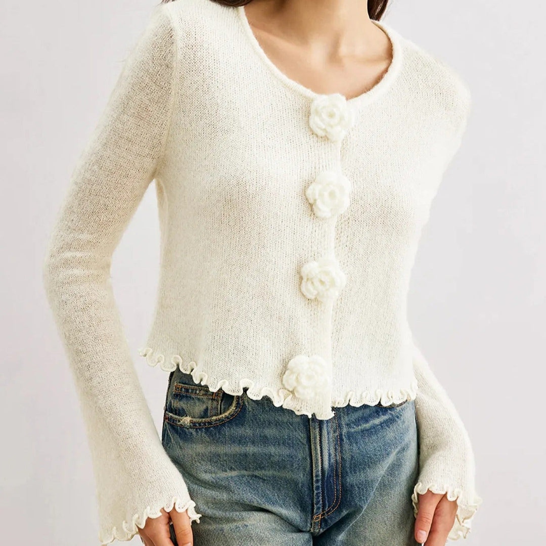 Cardigan à manches longues avec boutons floraux pour femmes - Elena