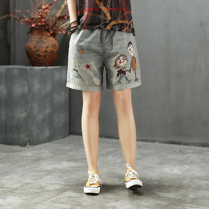 Short en jean avec broderie illustrée et ceinture élastique - Elaine