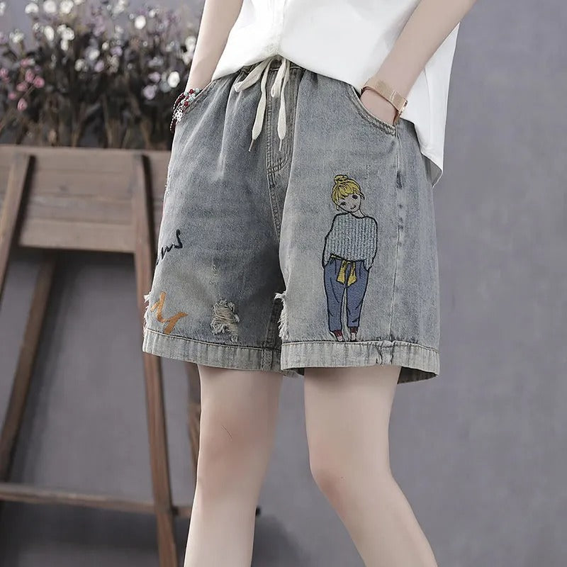 Short en jean avec broderie illustrée et ceinture élastique - Elaine