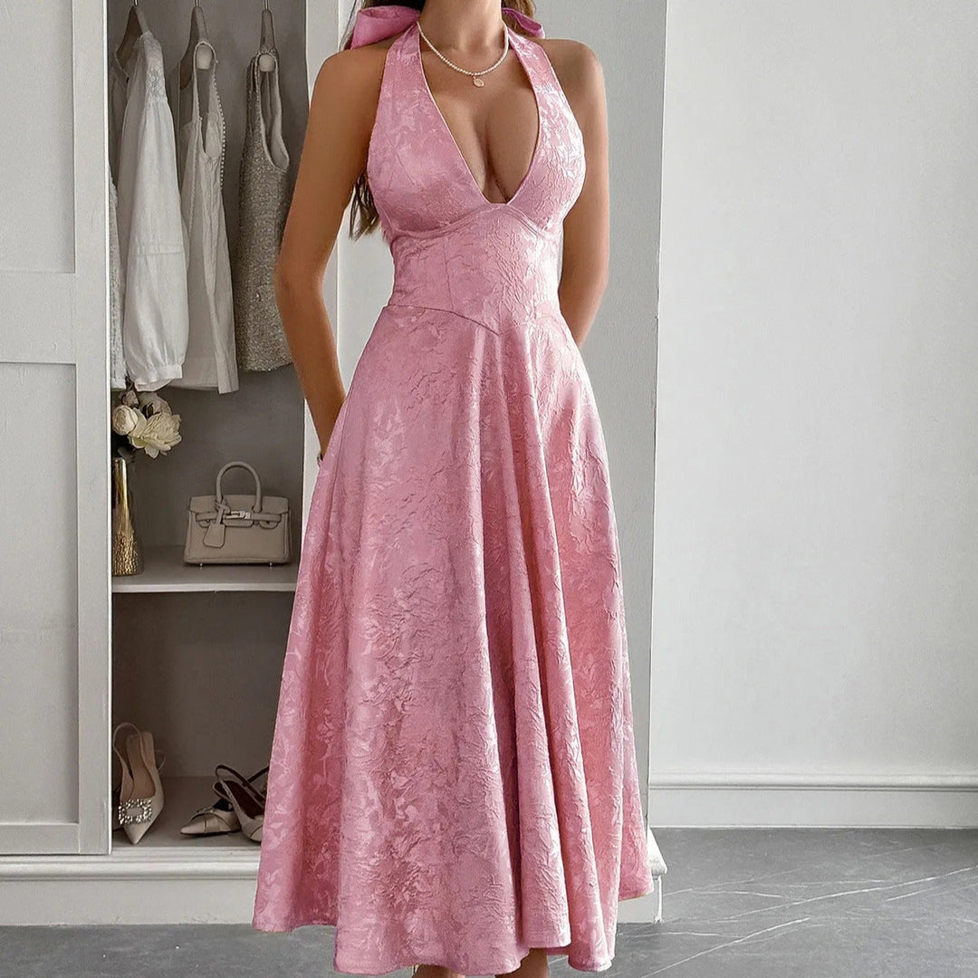 Robe midi pour femme en jacquard, élégante encolure licou - Mireille