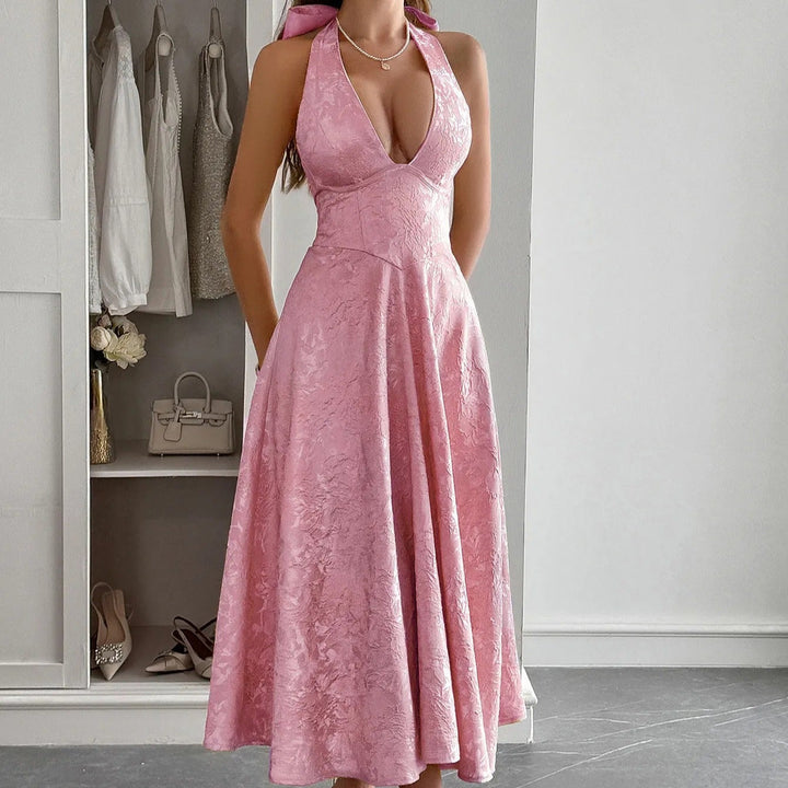 Robe midi pour femme en jacquard, élégante encolure licou - Mireille