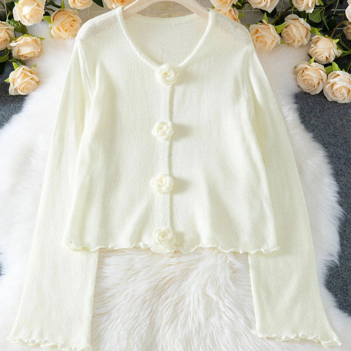 Cardigan à manches longues avec boutons floraux pour femmes - Elena