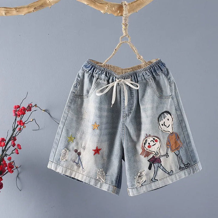 Short en jean avec broderie illustrée et ceinture élastique - Elaine