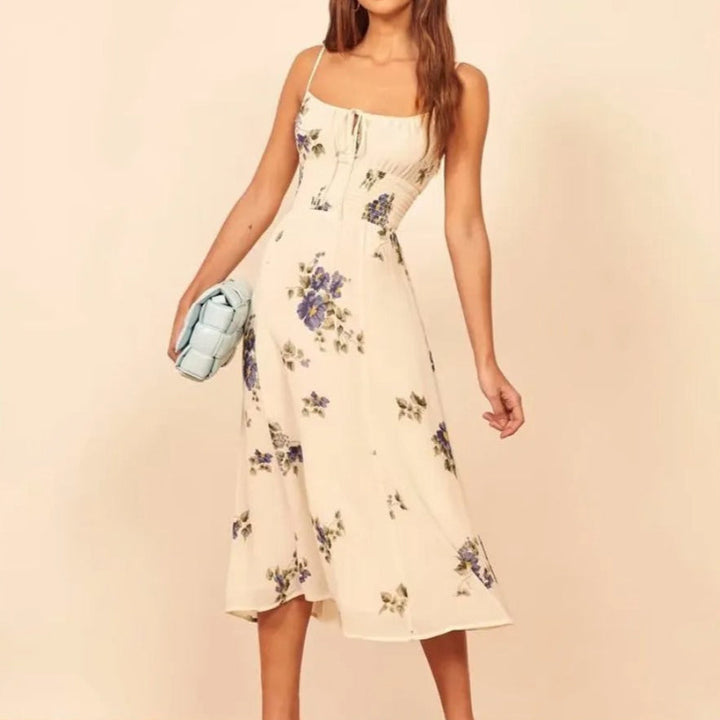 Robe midi fleurie à fines bretelles et taille froncée pour femme - Isadora
