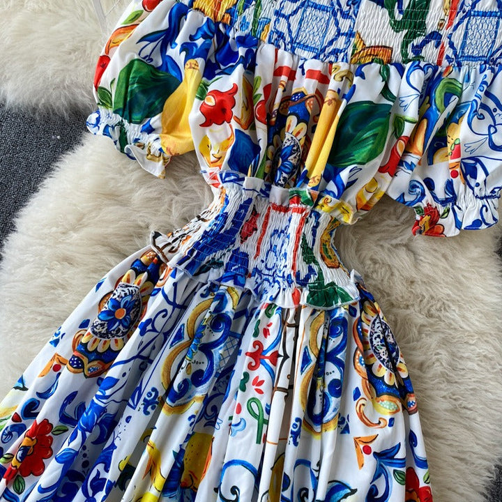 Robe féminine décolletée à manches bouffantes de style bohème - Marisol