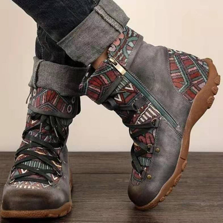 Bottines pour femmes de style ethnique avec lacets et fermeture éclair - Tribal