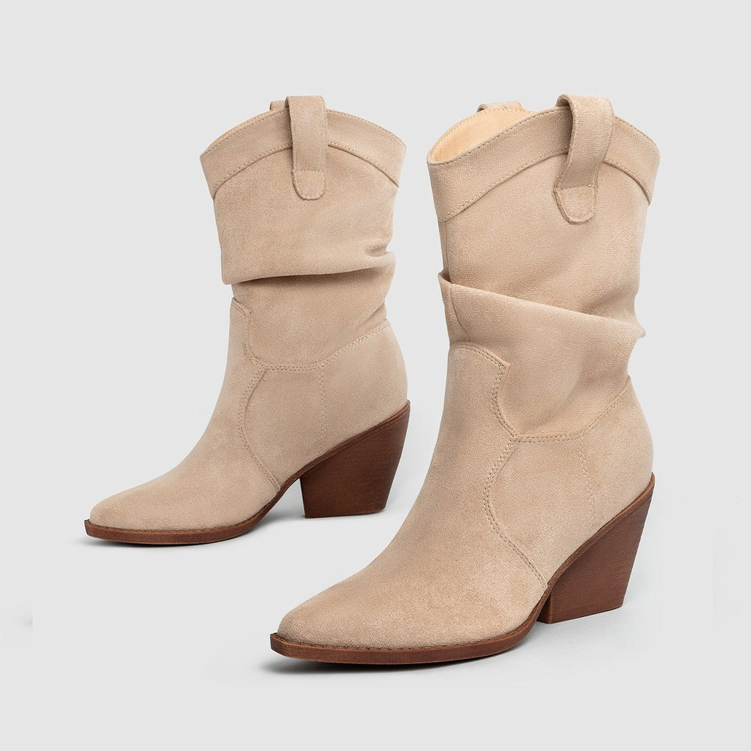 Bottes à talon moyen en daim synthétique pour femmes, style western - Liora
