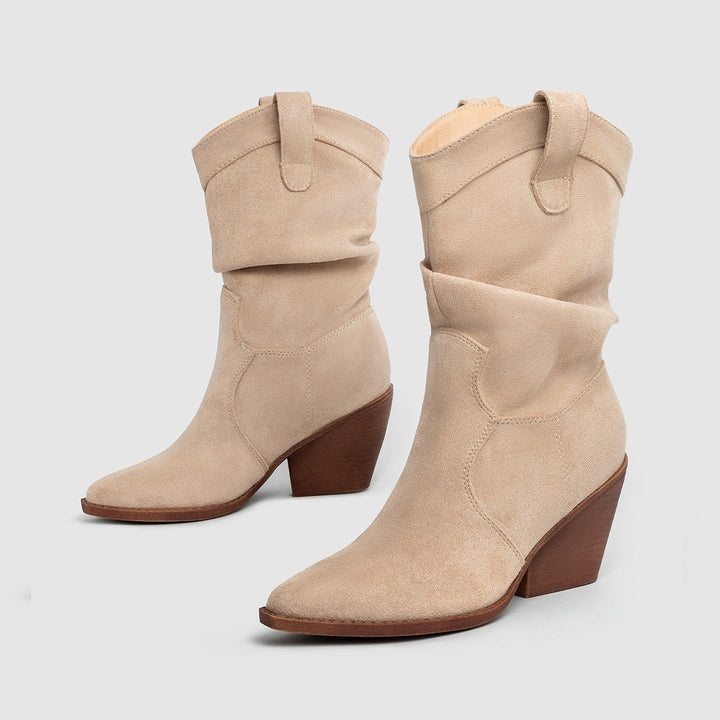 Bottes à talon moyen en daim synthétique pour femmes, style western - Liora