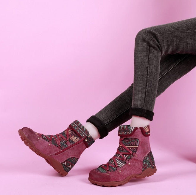 Bottines pour femmes de style ethnique avec lacets et fermeture éclair - Tribal