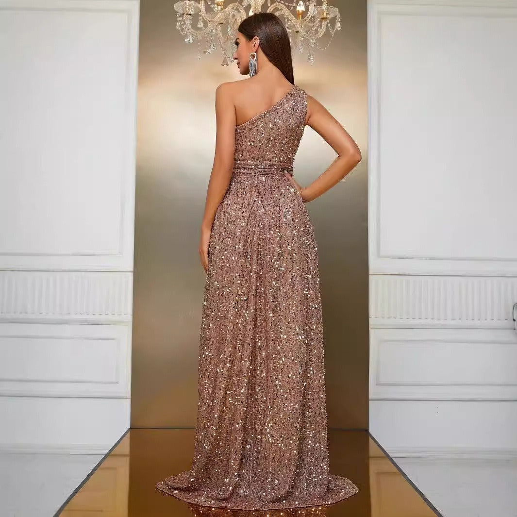 Robe longue en paillettes pour femme avec une élégante fente sur une épaule - Antonella