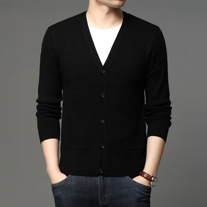 Cardigan en maille fine pour hommes, coupe ajustée, style basique - Theo