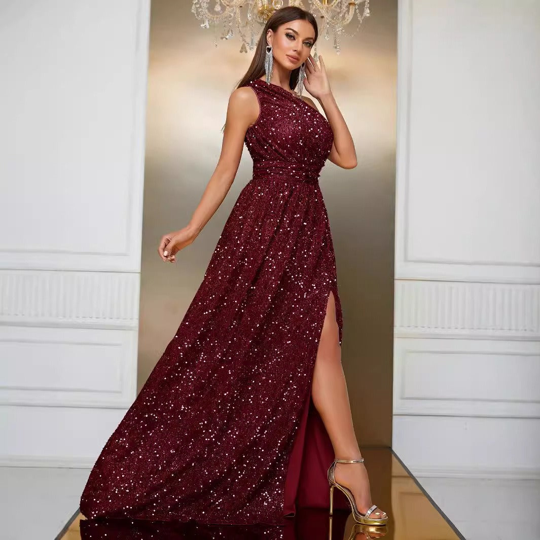 Robe longue en paillettes pour femme avec une élégante fente sur une épaule - Antonella