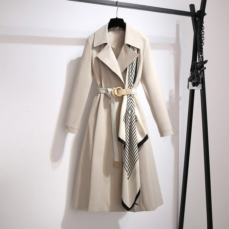 Manteau long pour femme, coupe classique avec ceinture et écharpe décorative - Sarah