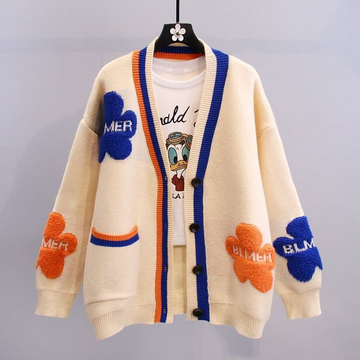 Cardigan en maille épaisse pour femmes, avec applications florales, style amusant - Ingrid