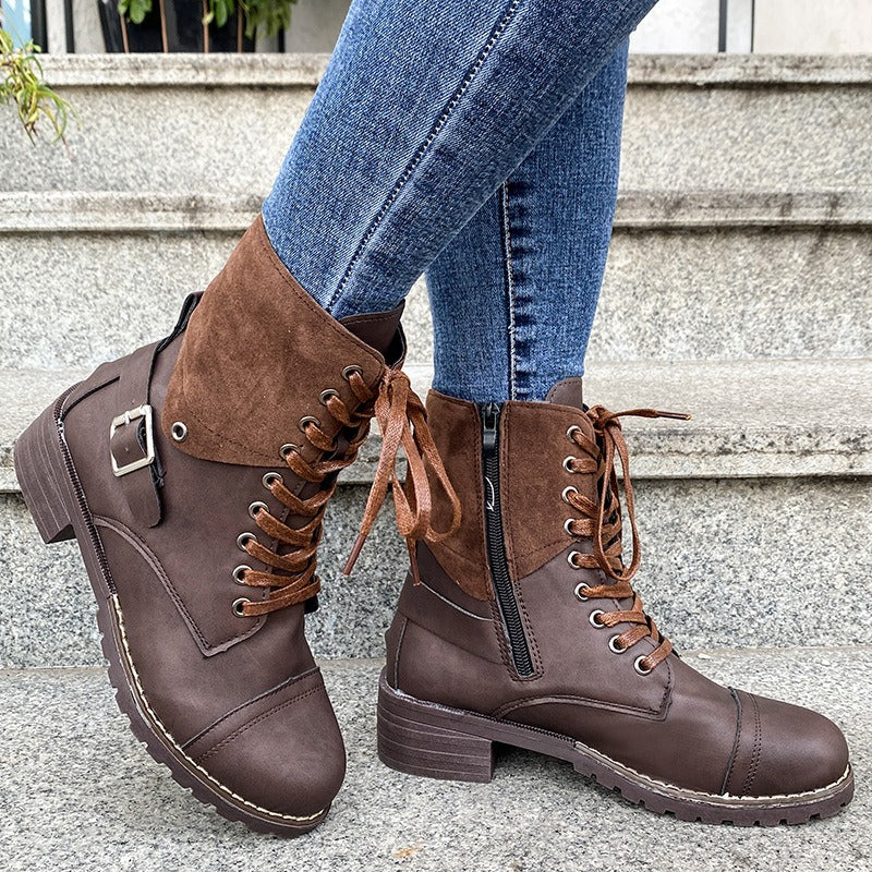 Bottes à lacets pour femmes en cuir synthétique de coupe moyenne et de style robuste - Thalia