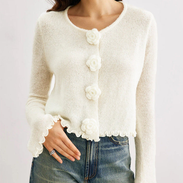 Cardigan à manches longues avec boutons floraux pour femmes - Elena
