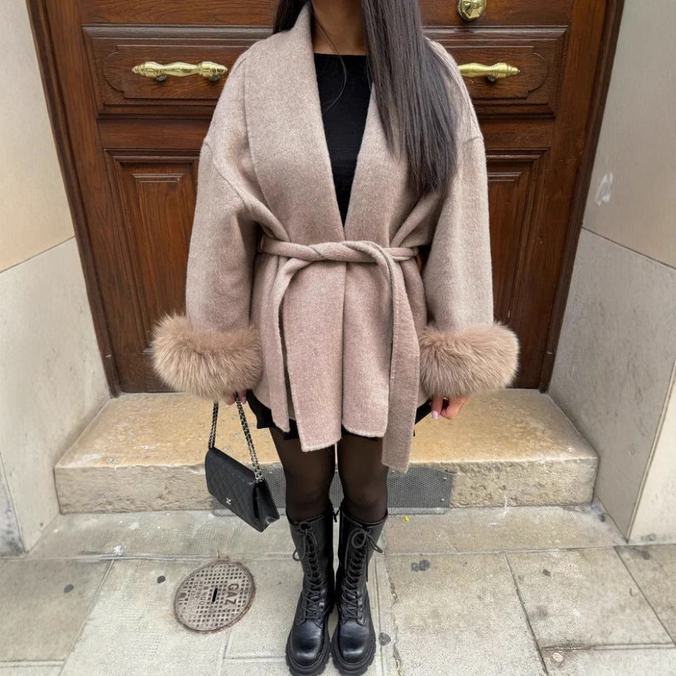Manteau en laine pour femme à manches larges et poignets teddy - Carmela