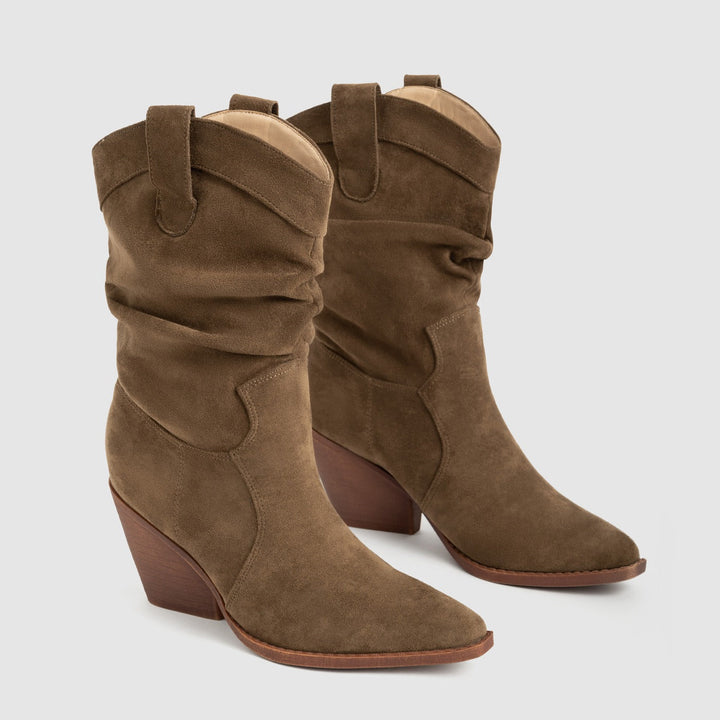 Bottes à talon moyen en daim synthétique pour femmes, style western - Liora