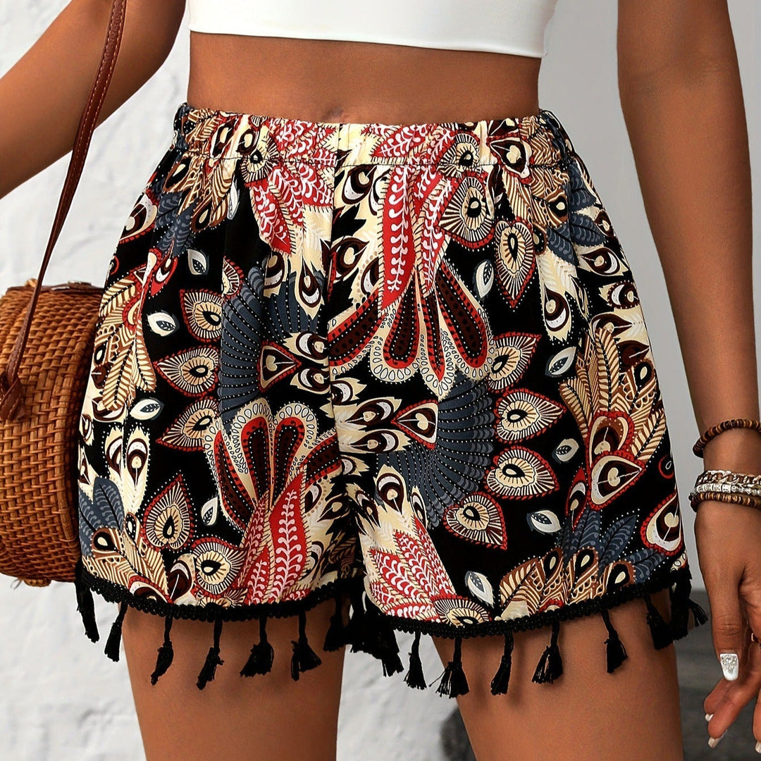 Short taille haute imprimé bohème avec pompons - Naïra