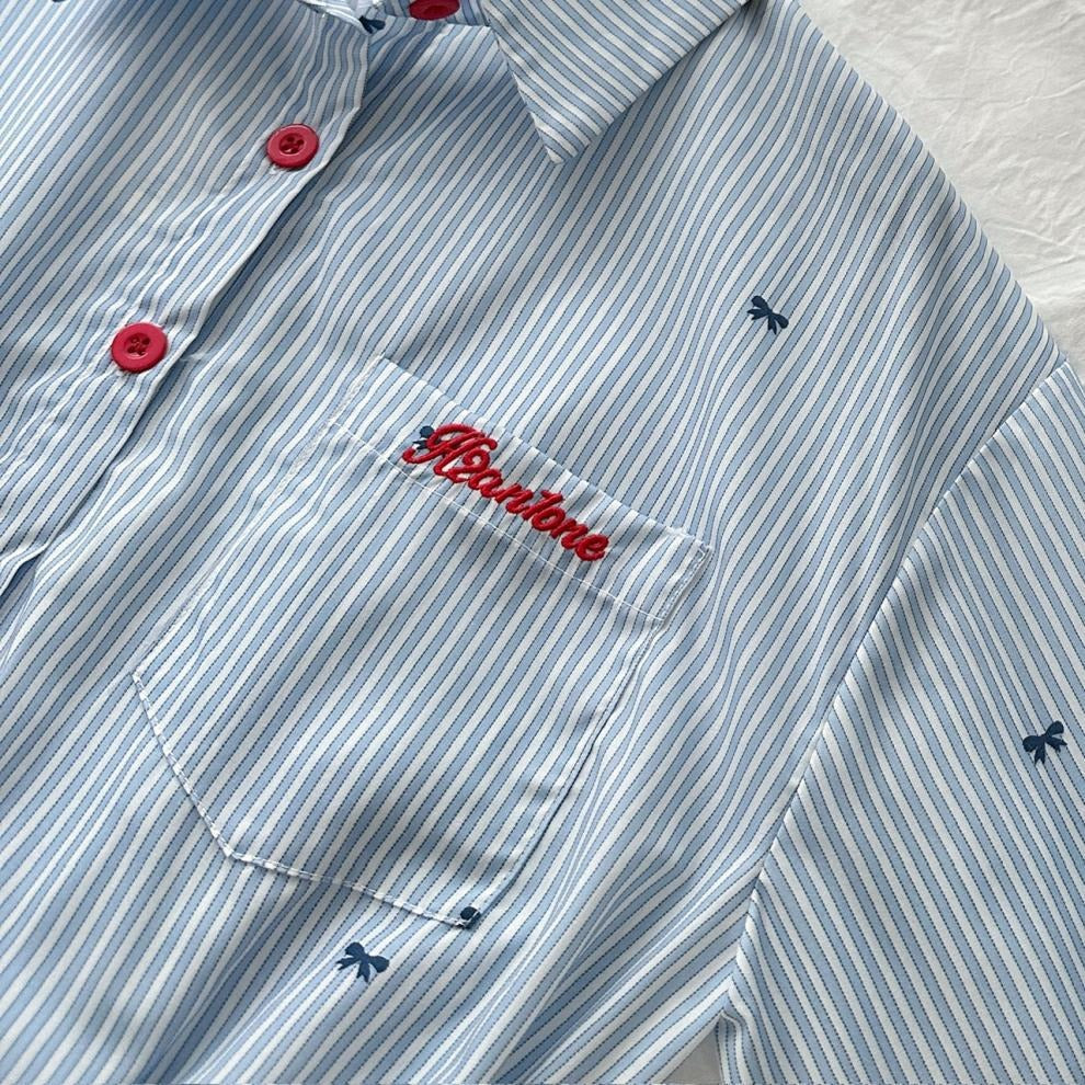 Robe rayée pour femme avec chemisier boutonné et mini-jupe plissée - Norys