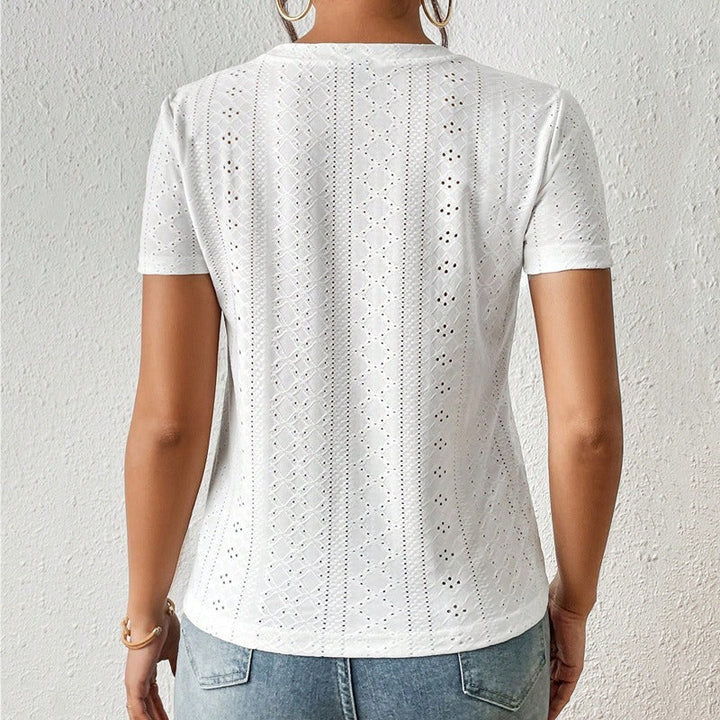 T-shirt femme en coton brodé à manches courtes et col rond - Livia