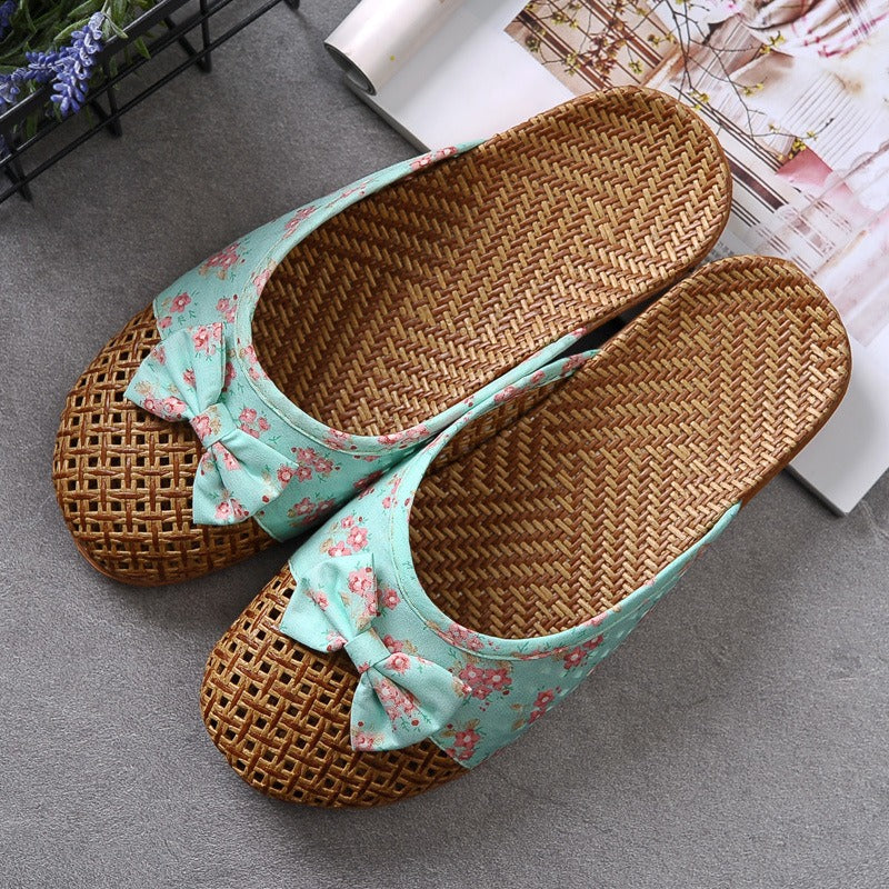 Chaussons femme en raphia tressé avec nœud fleuri - Arumi