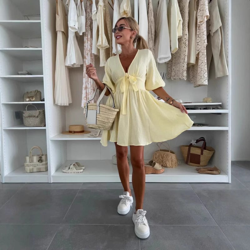 Robe courte à encolure froncée et manches bouffantes pour femme - Céline