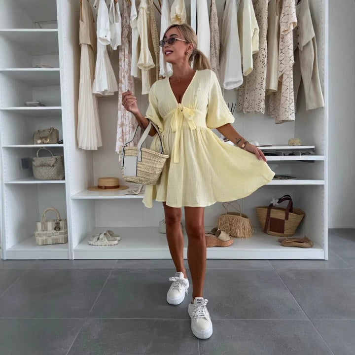Robe courte à encolure froncée et manches bouffantes pour femme - Céline