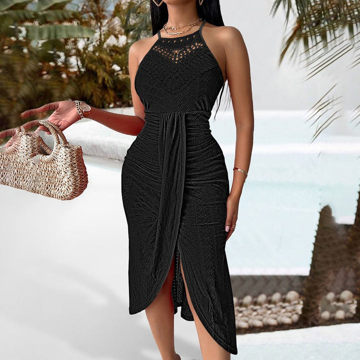 Robe midi ajourée en crochet pour femmes avec fente sur le devant - Elvia