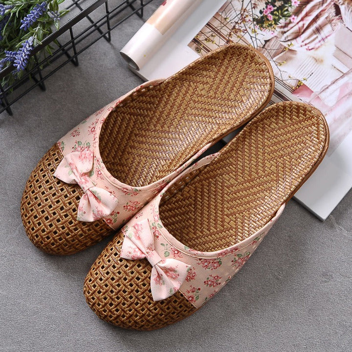 Chaussons femme en raphia tressé avec nœud fleuri - Arumi