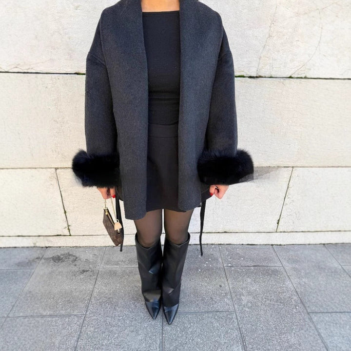 Manteau en laine pour femme à manches larges et poignets teddy - Carmela