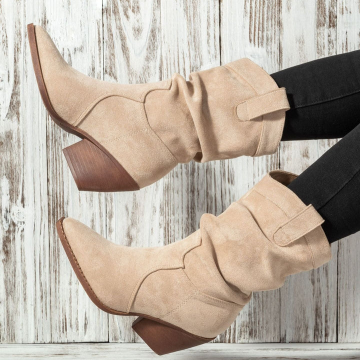 Bottes à talon moyen en daim synthétique pour femmes, style western - Liora