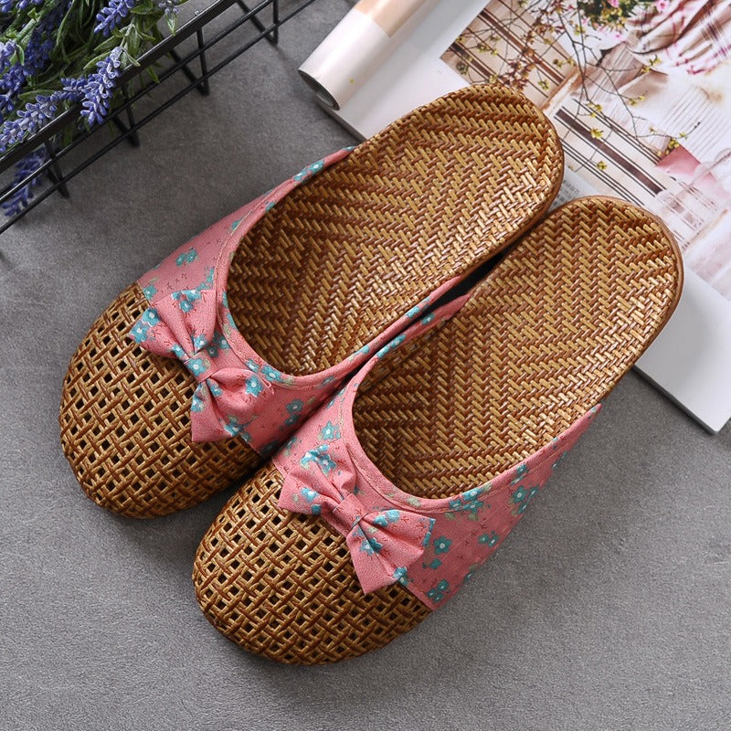 Chaussons femme en raphia tressé avec nœud fleuri - Arumi