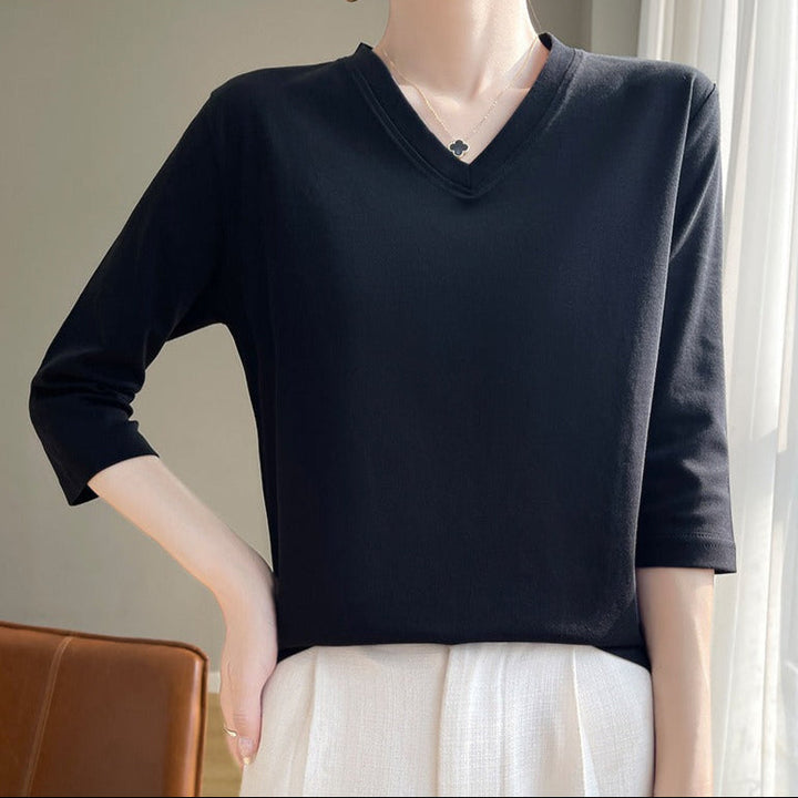T-shirt femme col V, manches françaises, coton doux - Élodie