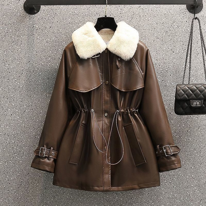 Manteau effet cuir ajusté avec col amovible pour femme - Ylva