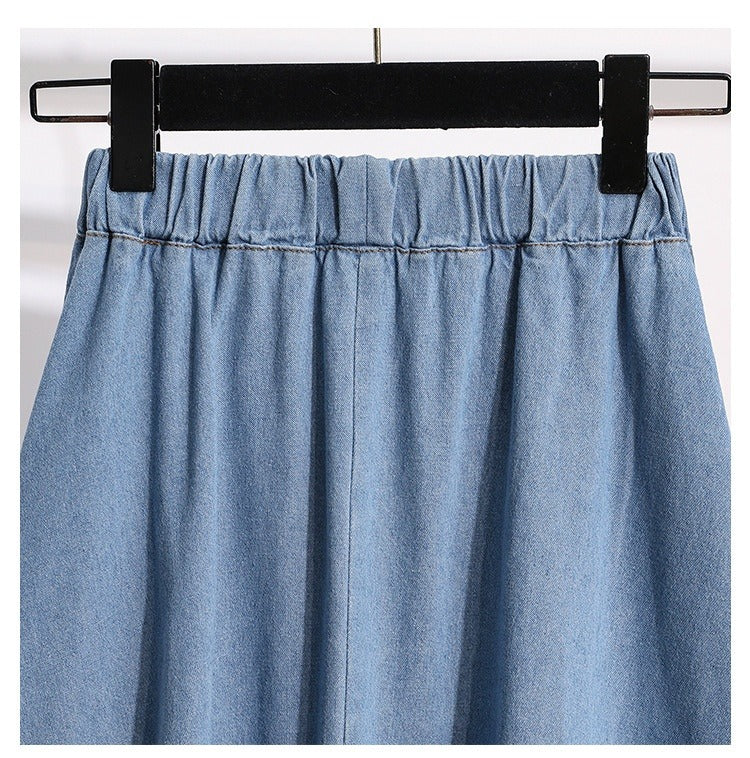 Jupe midi femme en denim à taille élastiquée avec boutons - Renata