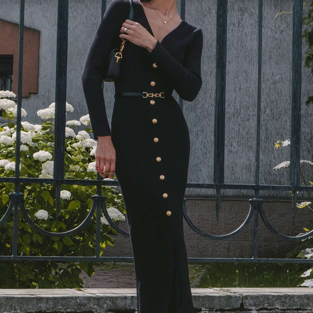 Robe midi en maille avec boutons fins ceinturés - Maelle