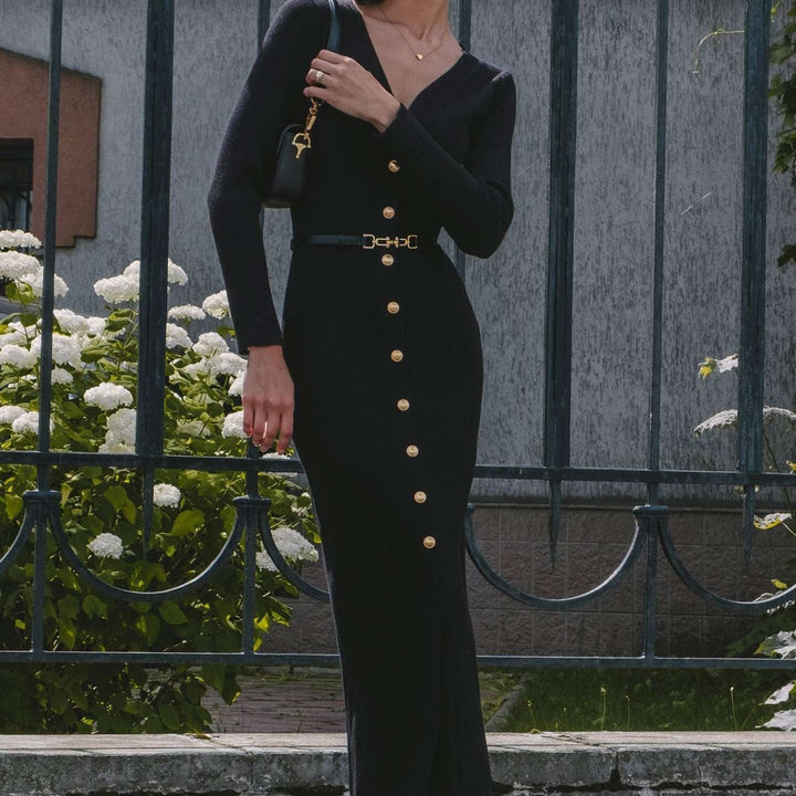 Robe midi en maille avec boutons fins ceinturés - Maelle