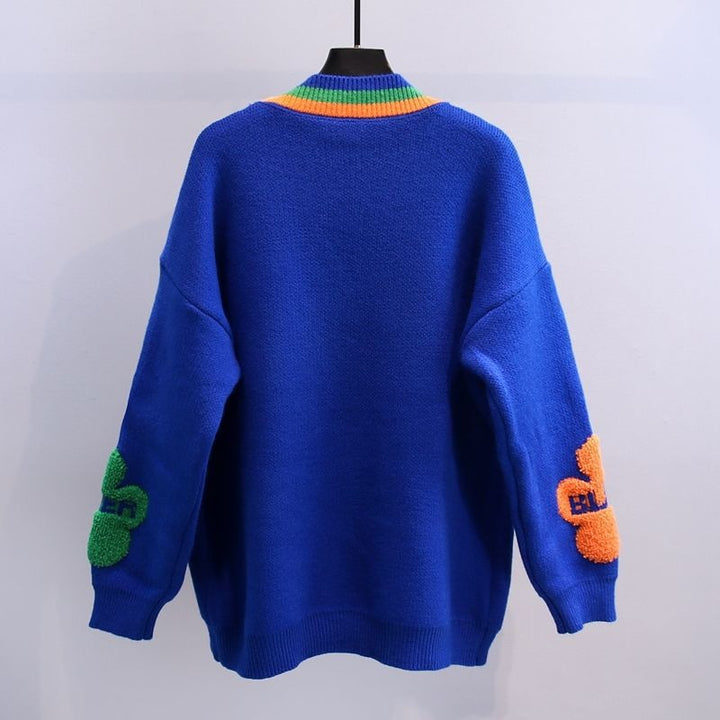 Cardigan en maille épaisse pour femmes, avec applications florales, style amusant - Ingrid