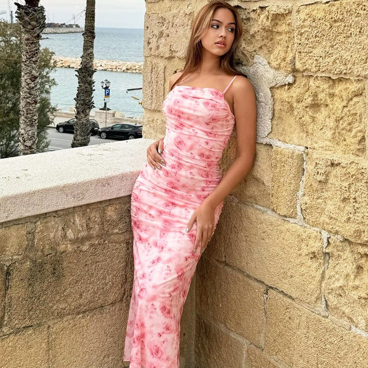 Robe longue et ajustée à imprimé floral avec fines bretelles - Nery