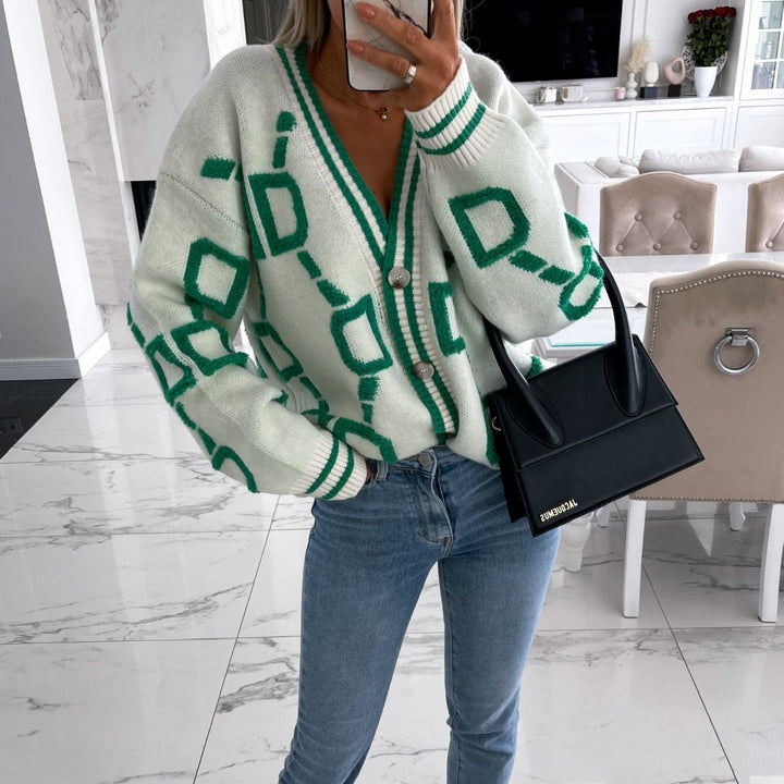 Cardigan en jacquard tricoté pour femme avec imprimé géométrique dans un style coloré - Ninelle