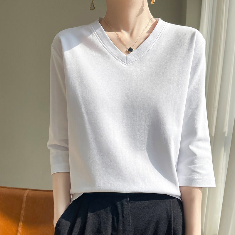 T-shirt femme col V, manches françaises, coton doux - Élodie