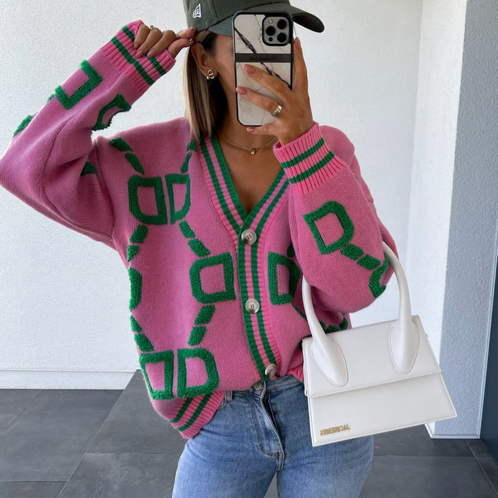 Cardigan en jacquard tricoté pour femme avec imprimé géométrique dans un style coloré - Ninelle
