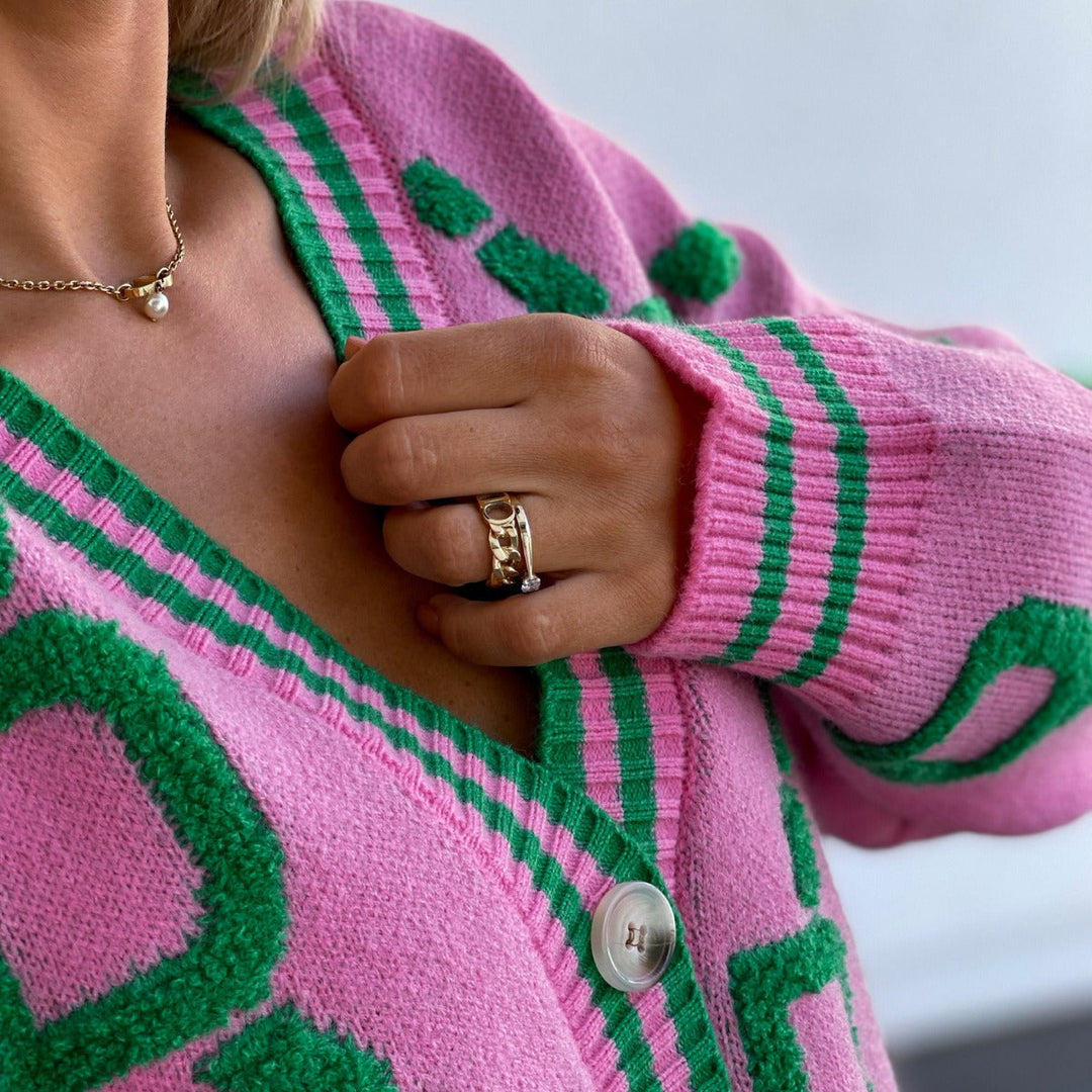 Cardigan en jacquard tricoté pour femme avec imprimé géométrique dans un style coloré - Ninelle