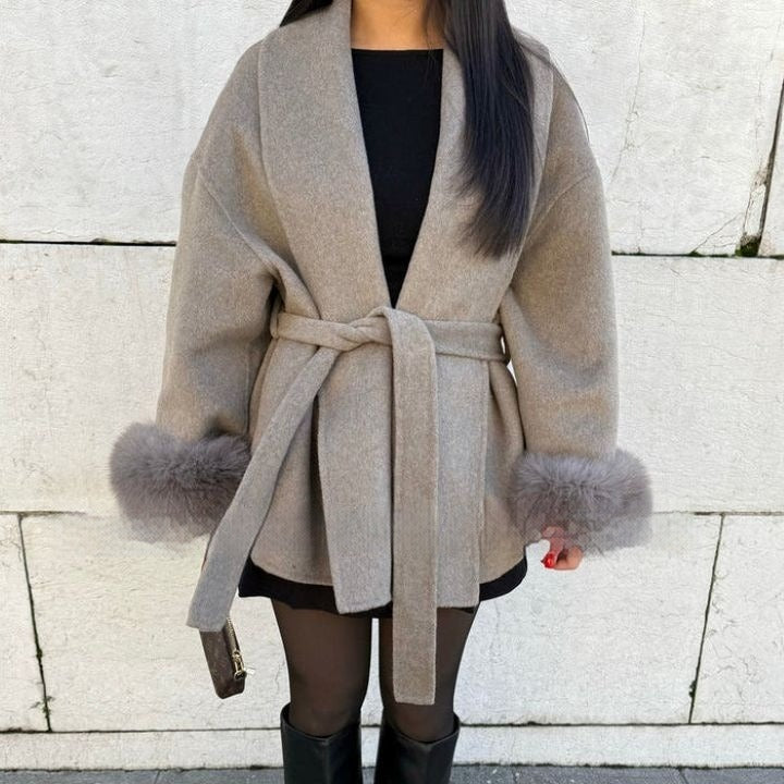 Manteau en laine pour femme à manches larges et poignets teddy - Carmela