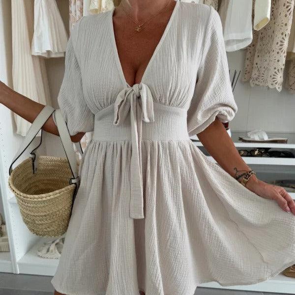 Robe courte à encolure froncée et manches bouffantes pour femme - Céline
