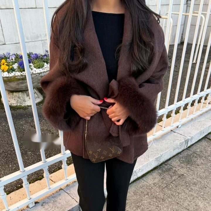 Manteau en laine pour femme à manches larges et poignets teddy - Carmela