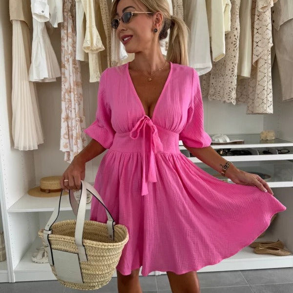 Robe courte à encolure froncée et manches bouffantes pour femme - Céline