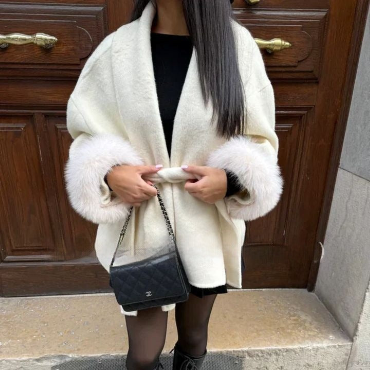 Manteau en laine pour femme à manches larges et poignets teddy - Carmela