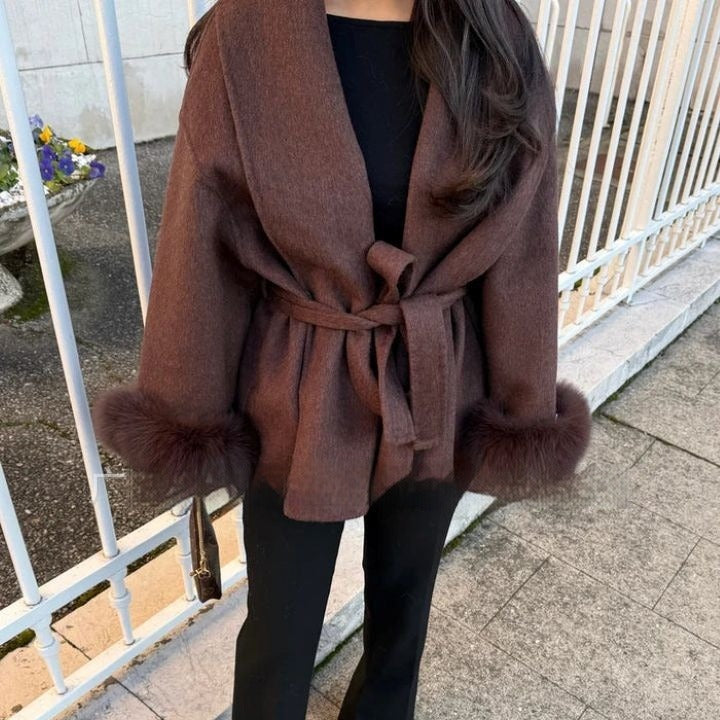 Manteau en laine pour femme à manches larges et poignets teddy - Carmela